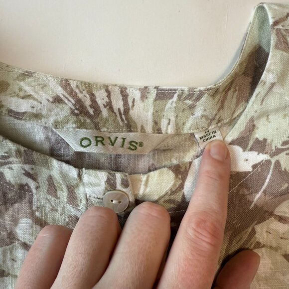 Orvis 100% Linen Women's Button-Up Short Sleeve Top Medium Tropical Floral Tan - Picture 3 of 6
